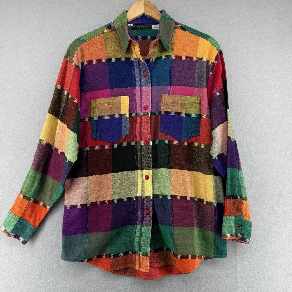 Estefanies Shirt Womens Medium Multicolor Plaid 100% Cotton Guatemala Vintage